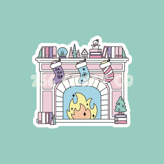 Christmas Fireplace Sticker, laptop sticker decal, water bottle decal, holographic sticker, bookish xmas, bookworm holiday, bookish gift